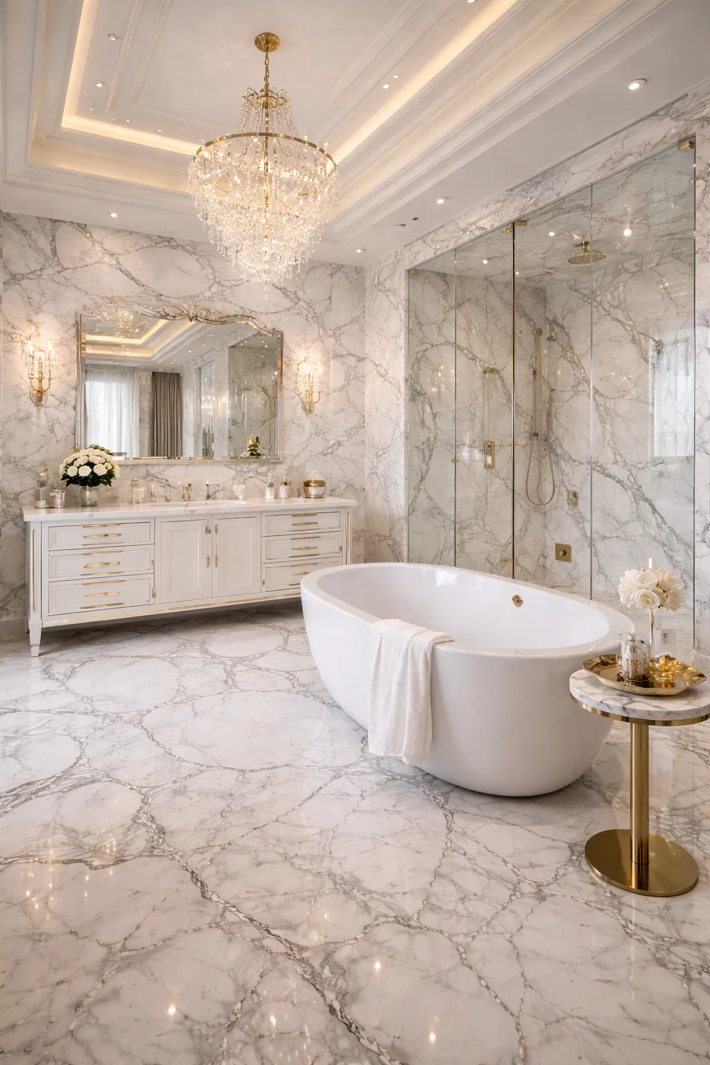 White marble luxury bathroom spa cladding